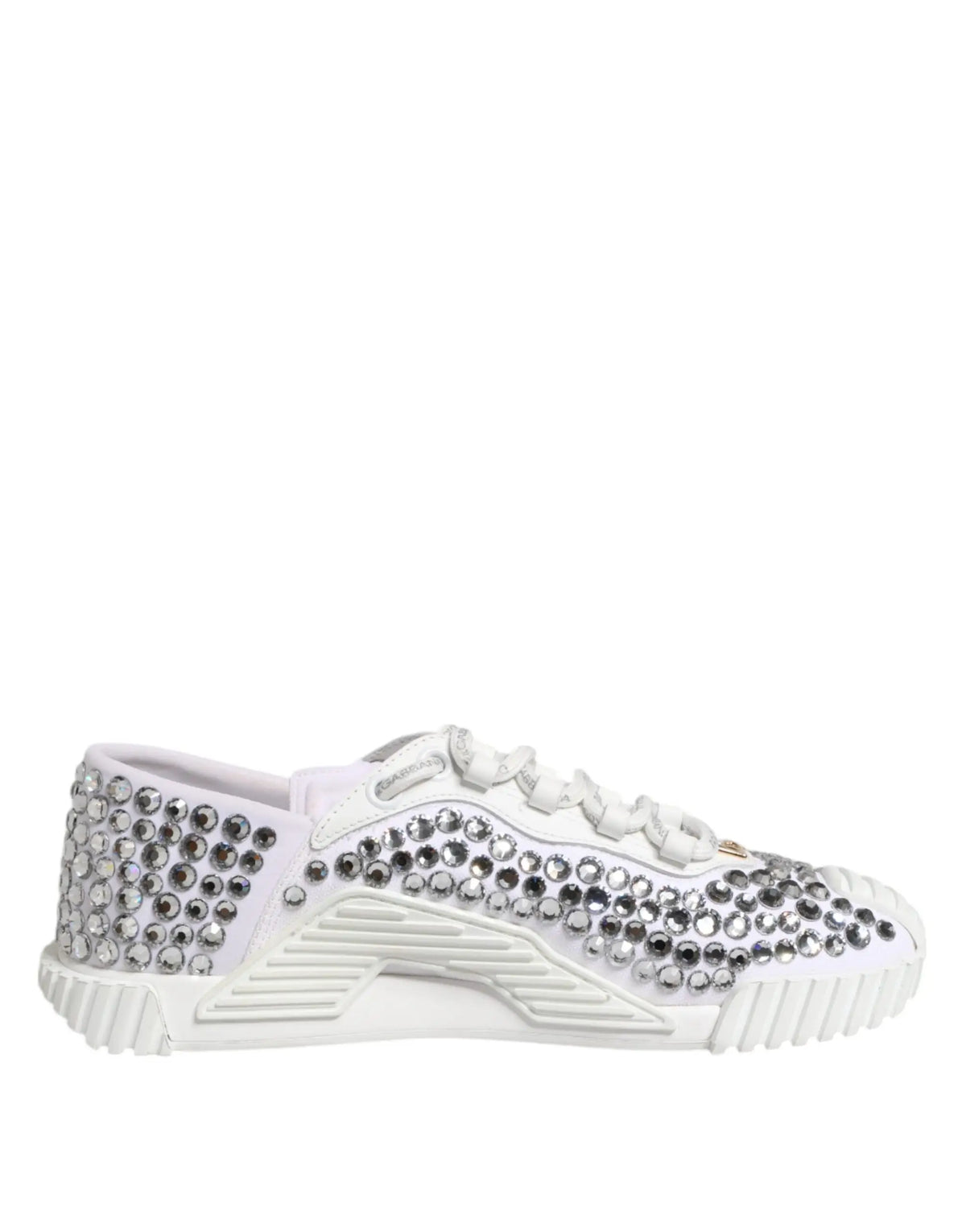 Baskets dolce & gabbana blanches ns1 en toile et cuir ornées de strass argentés et clairs avec semelle en caoutchouc élégante