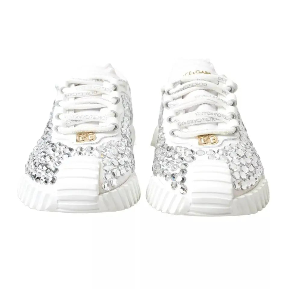 Baskets blanches dolce gabbana ns1 en toile et cuir ornées de strass scintillants et logo doré