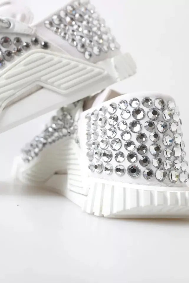 Baskets à plateforme blanches dolce & gabbana ns1 en toile et cuir ornées de strass argentés sur la tige et les côtés