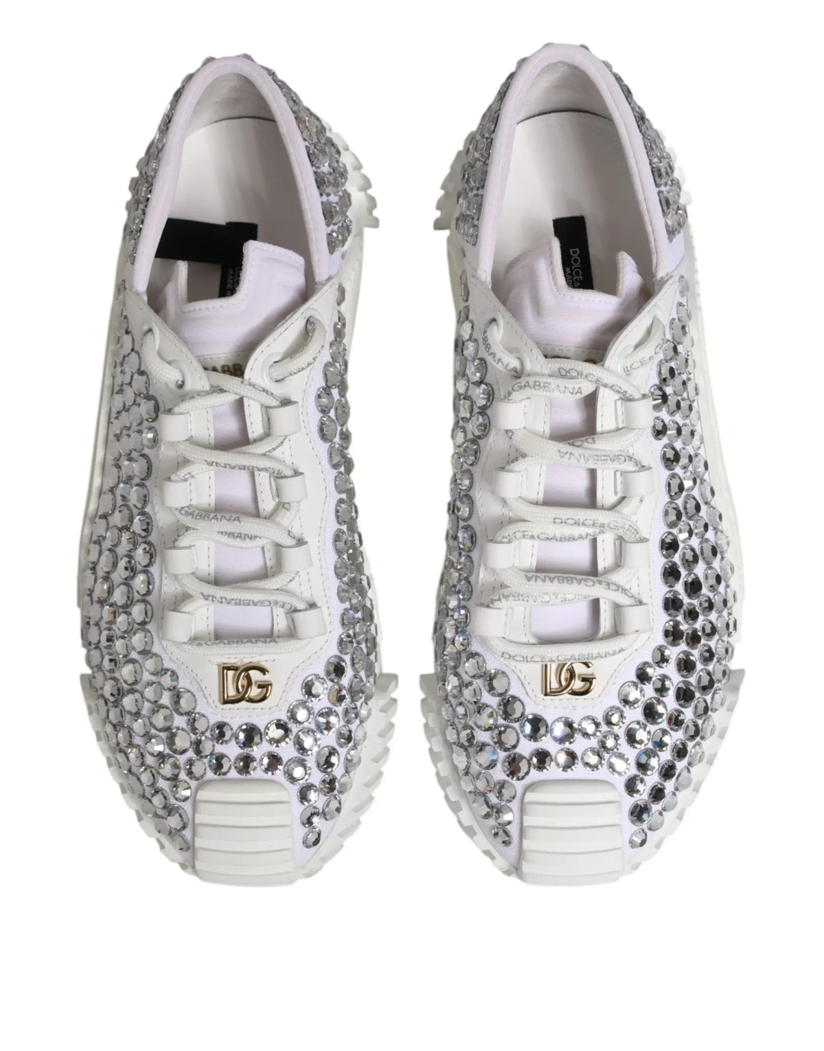 Baskets dolce gabbana blanches ns1 en toile et cuir blingées de strass argentés avec logo doré