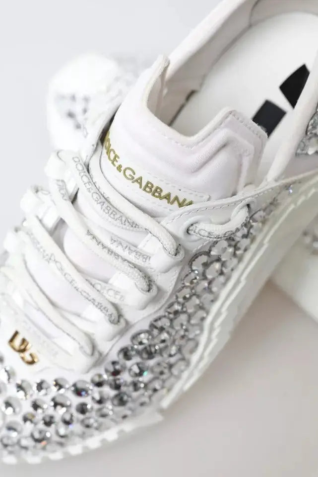 Baskets dolce & gabbana blanches ns1 en toile et cuir ornées de strass argentés et détails dorés