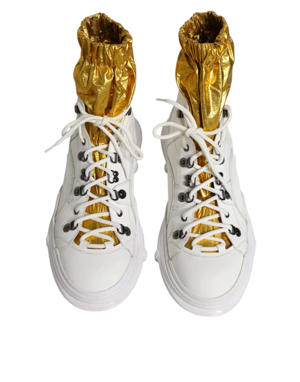 Dolce & gabbana white nylon galileo high top sneakers with gold metallic lining and black eyelets