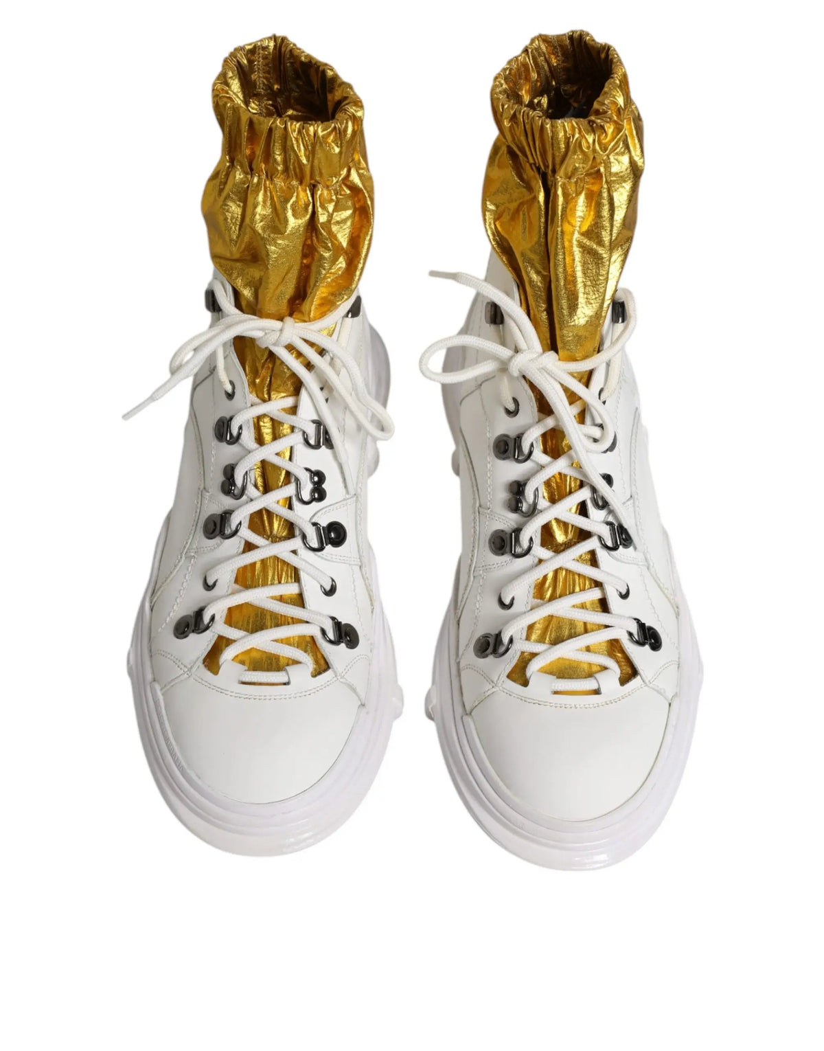 Dolce & gabbana white nylon galileo high top sneakers with gold metallic lining and black eyelets