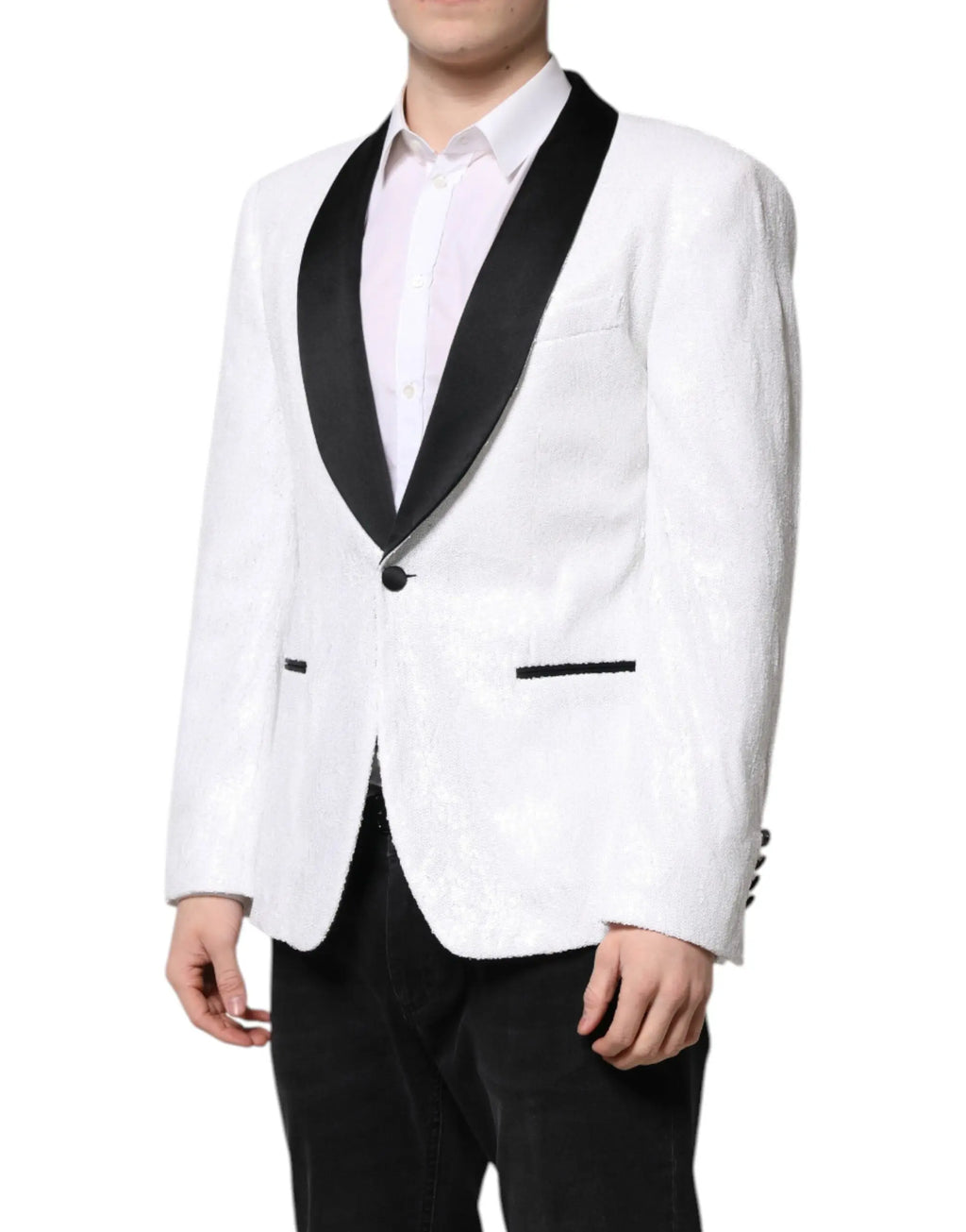 Veste blanche dolce & gabbana en nylon avec revers et bordure en satin noir style smoking simple boutonnage