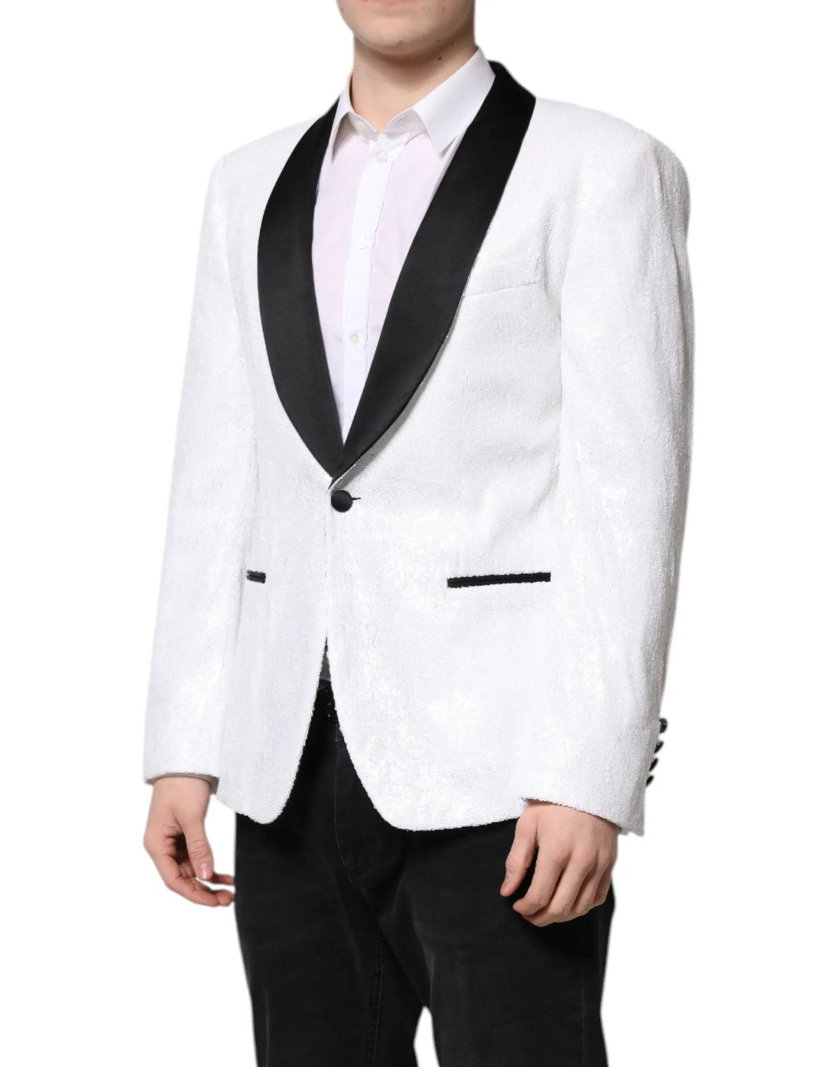 Veste blanche dolce & gabbana en nylon avec revers et bordure en satin noir style smoking simple boutonnage