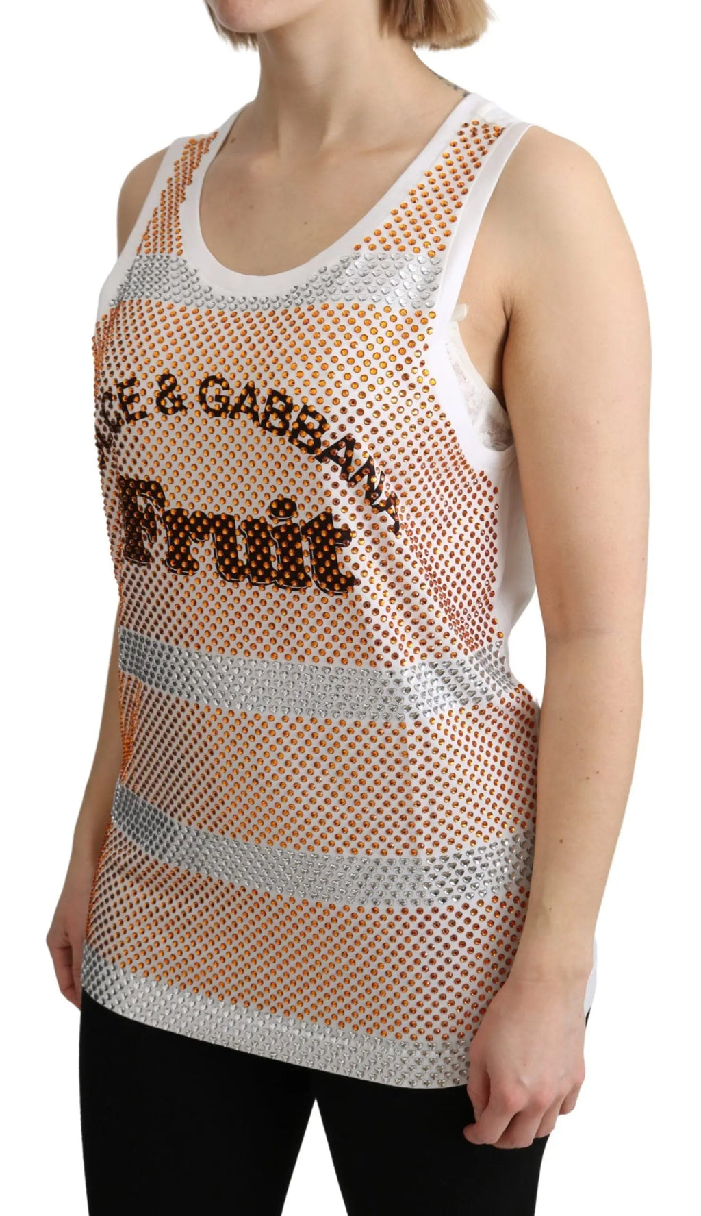 Débardeur sans manches dolce & gabbana en coton orange blanc à maille avec rayures argentées et logo fruit en sequins