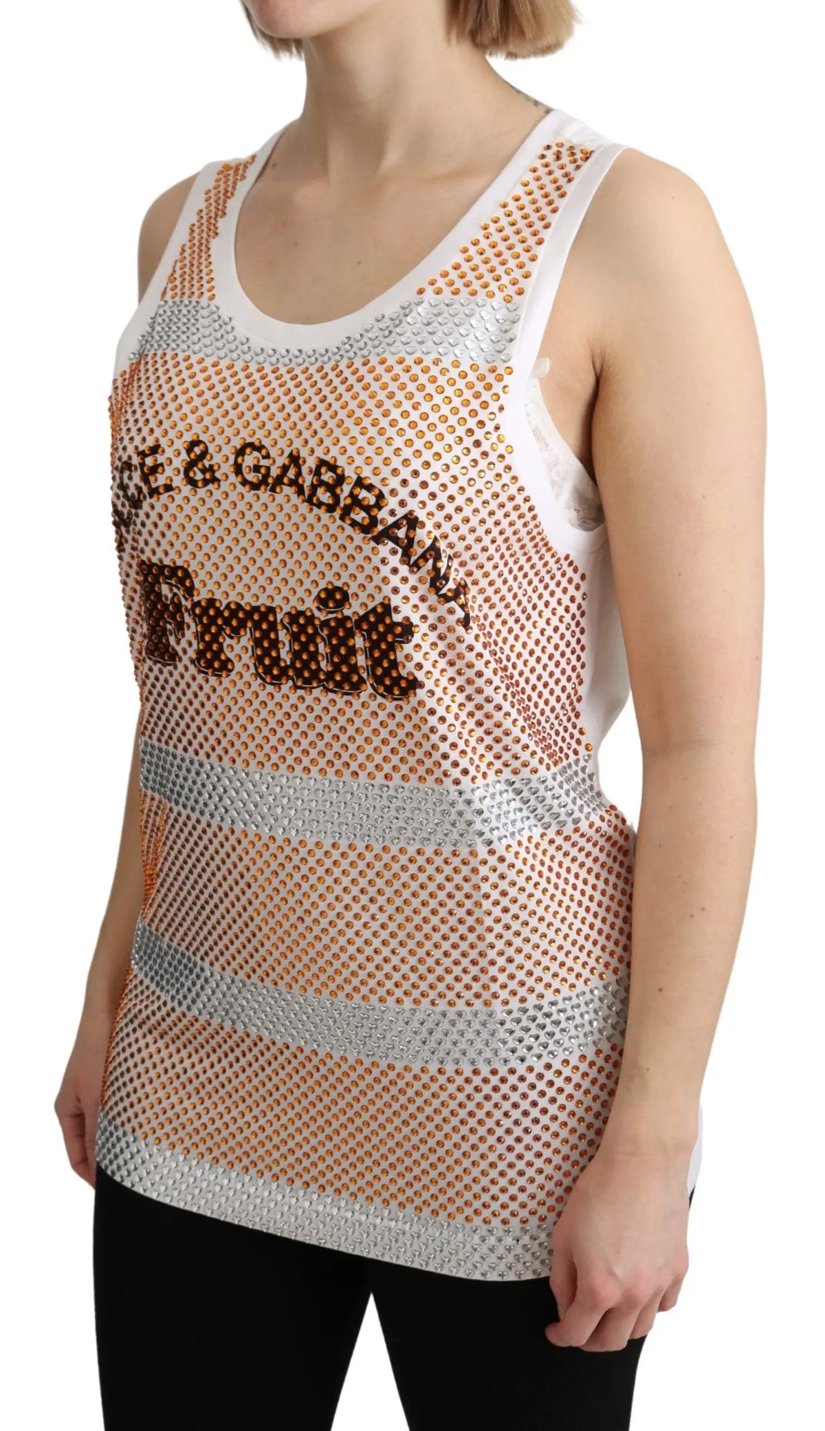 Débardeur sans manches dolce & gabbana en coton orange blanc à maille avec rayures argentées et logo fruit en sequins