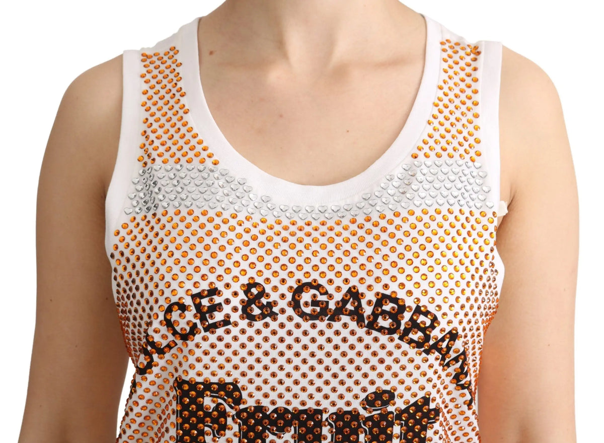 Débardeur blanc dolce & gabbana en coton orné de strass orange et argent avec logo noir