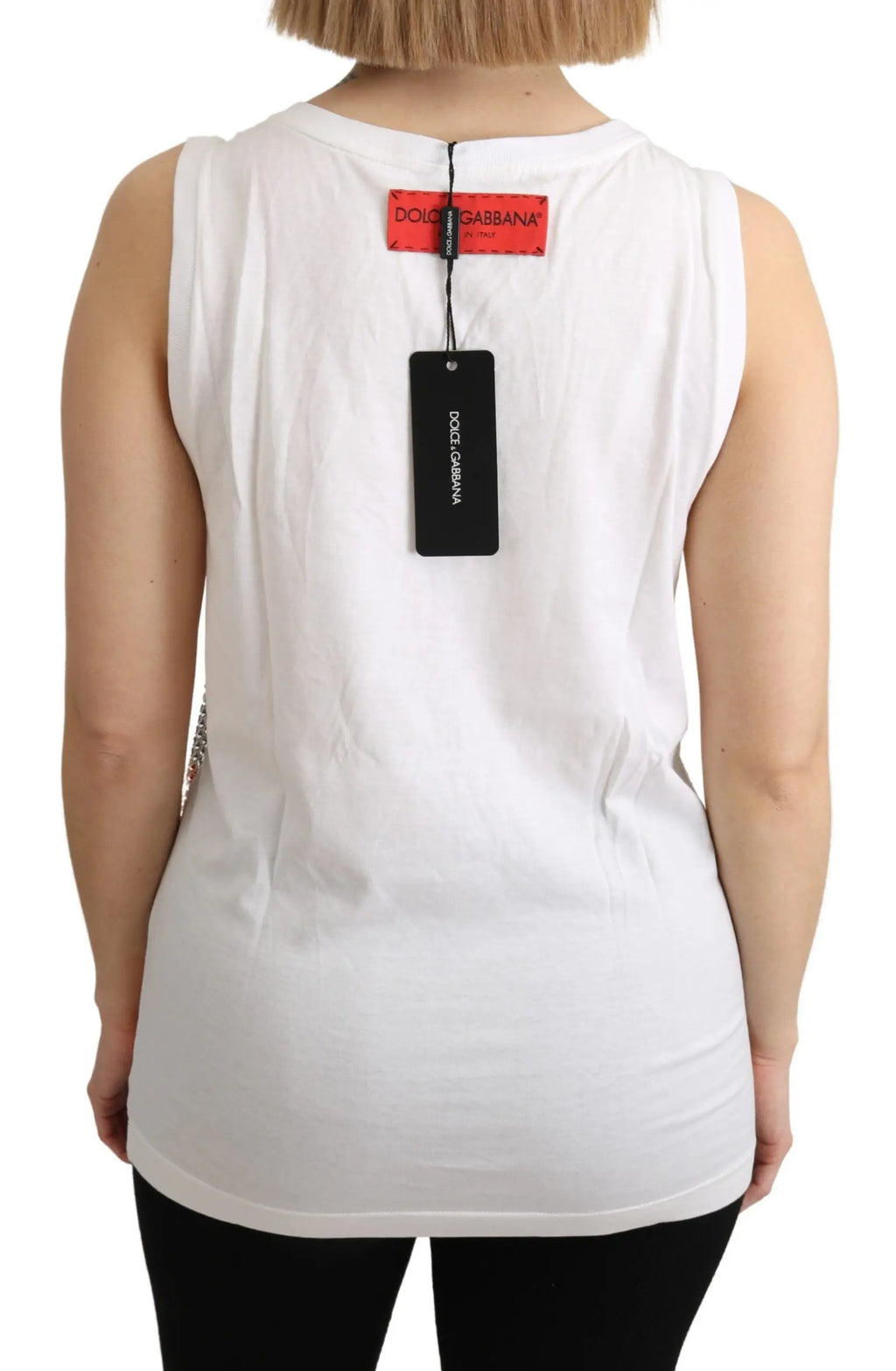 Top blanc sans manches dolce & gabbana en coton avec col rond simple et étiquette rouge et noire au dos