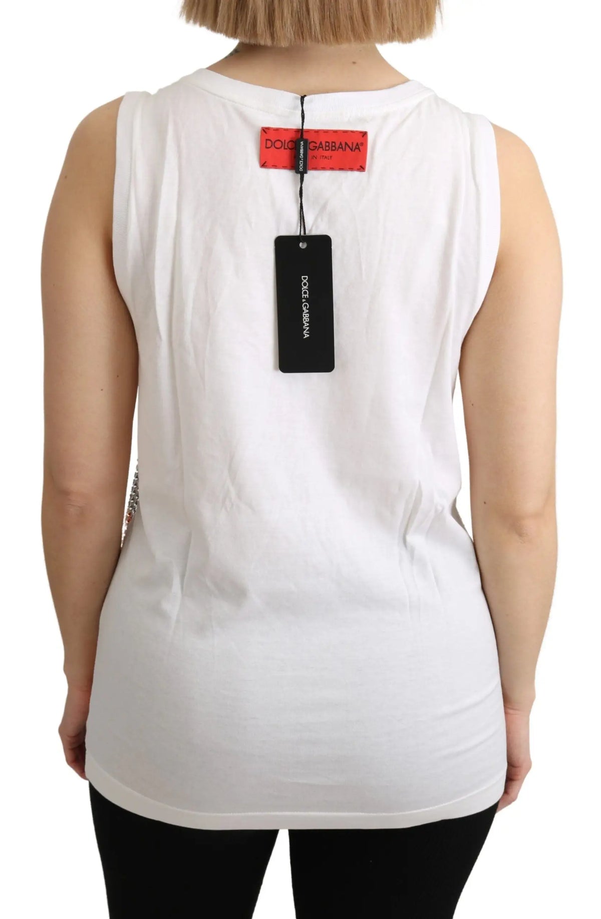Top blanc sans manches dolce & gabbana en coton avec col rond simple et étiquette rouge et noire au dos