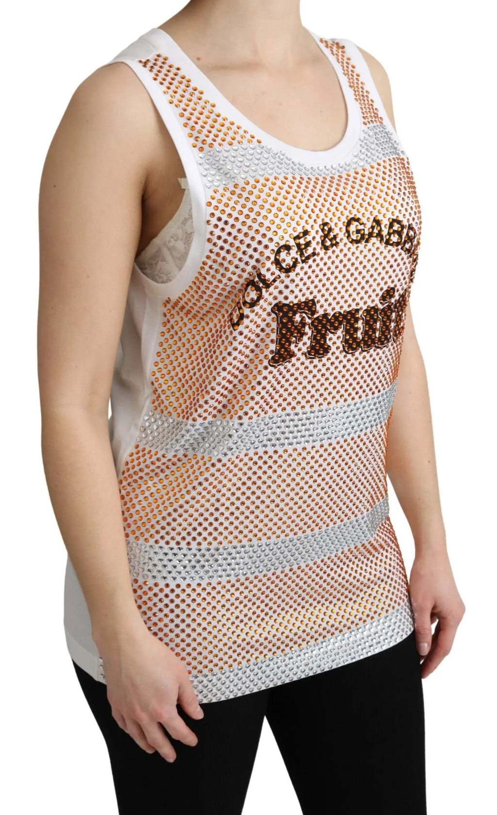 Débardeur sans manches dolce & gabbana blanc orange en coton avec design mesh rayé et strass fruit et dolce & gabbana