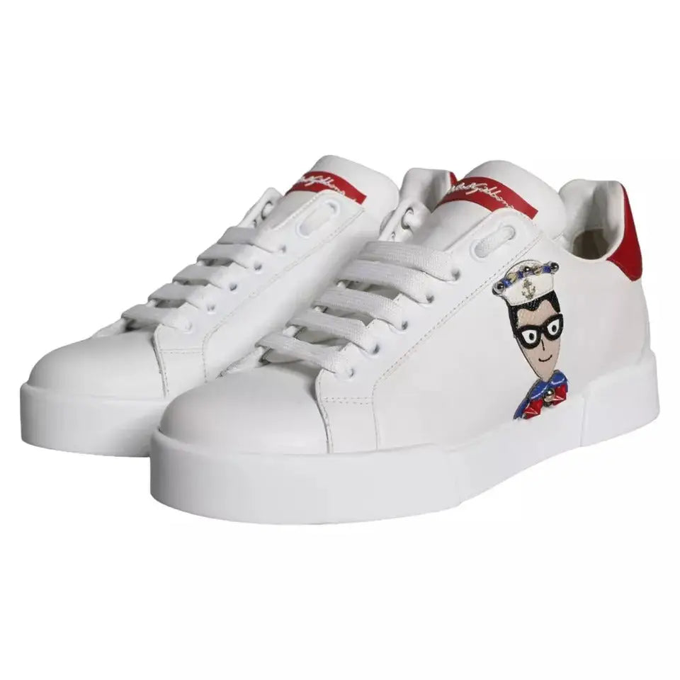 Baskets dolce & gabbana blanches en cuir nappa calfskin avec motif marin cartoon et accents rouges au talon