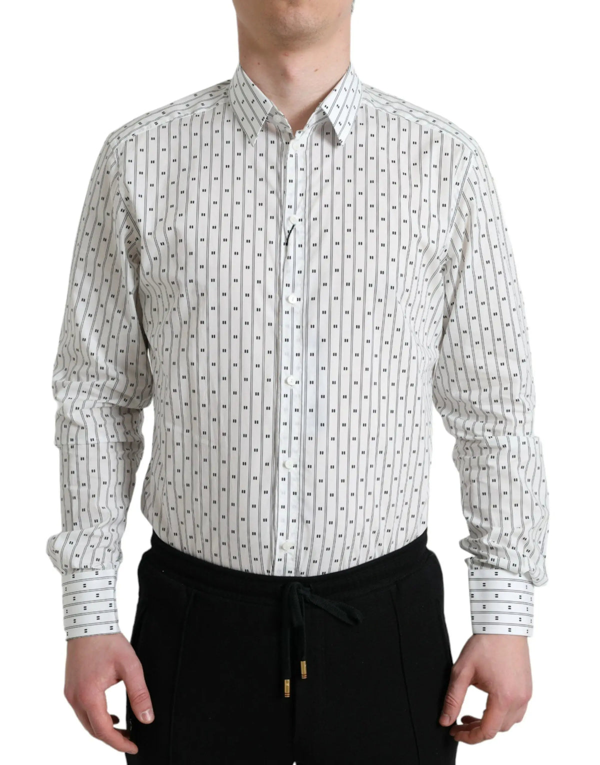 Chemise formelle homme dolce & gabbana blanche à manches longues avec rayures verticales noires et motifs à petits points