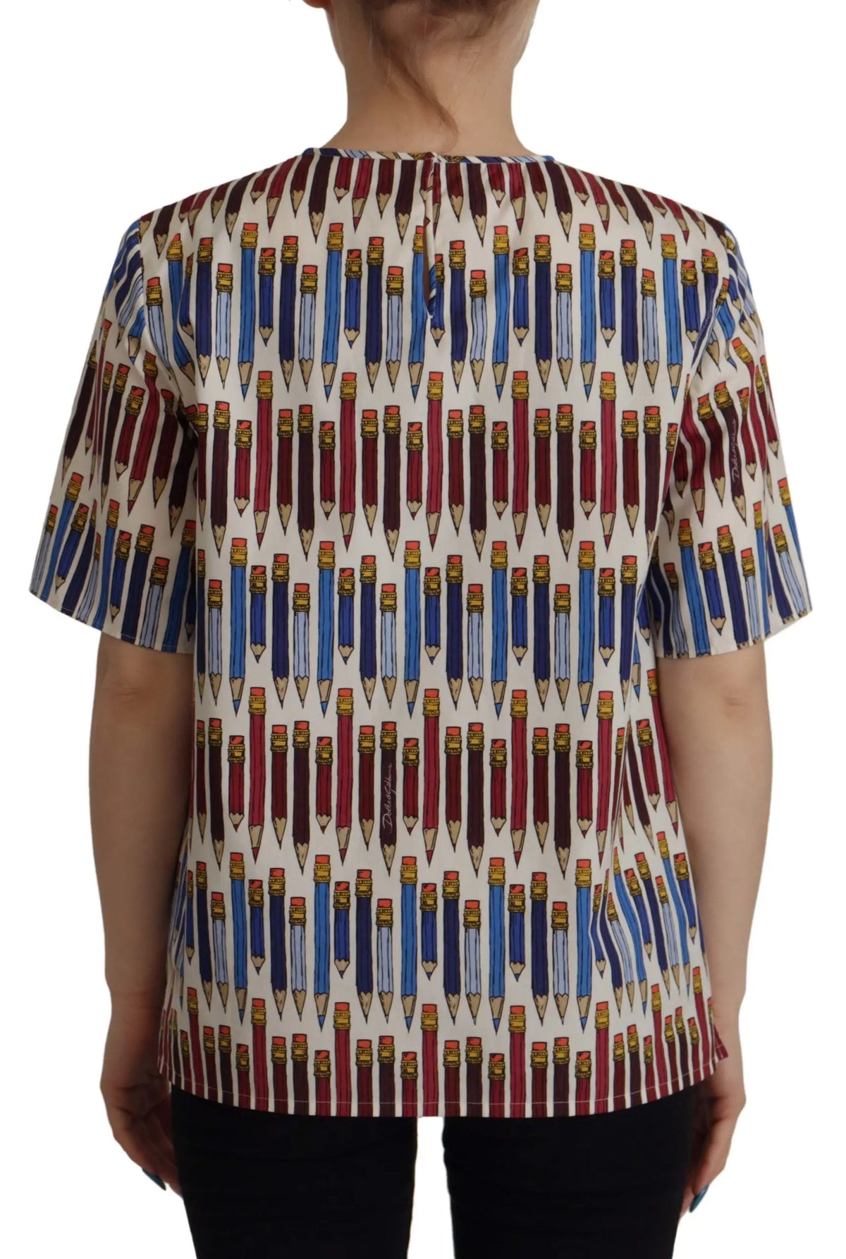 Dolce & Gabbana blouse en coton blanc avec motif répétitif de crayons bleus et rouges sur fond écru
