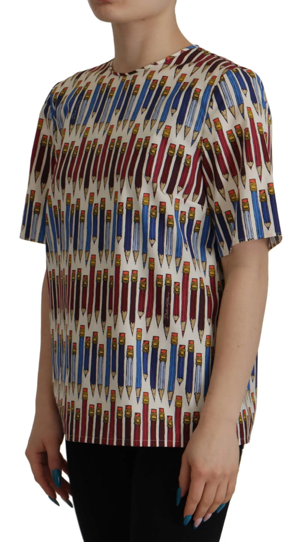 T-shirt blouse en coton blanc dolce & gabbana avec motif répétitif de crayons colorés rouge bleu et marron