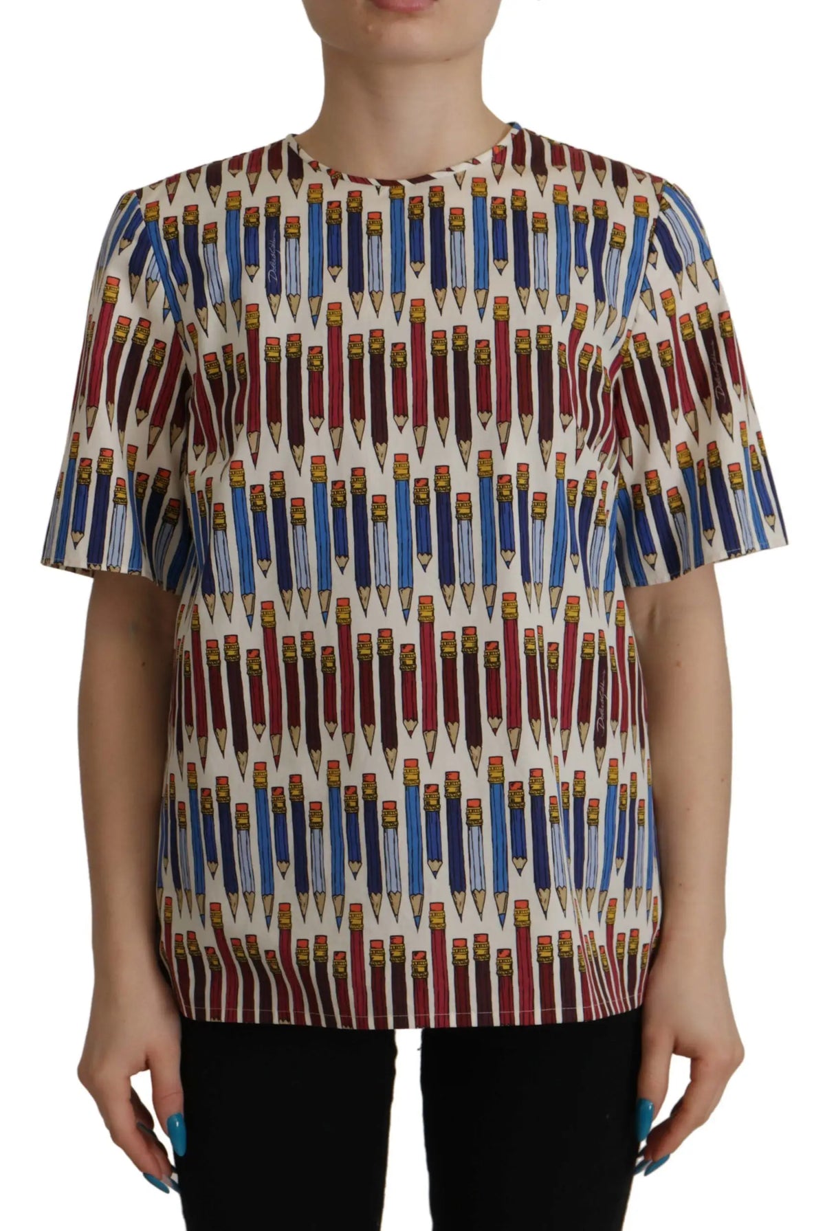 T-shirt femme dolce & gabbana en coton blanc avec imprimé ludique de crayons rouges et bleus à gommes jaunes