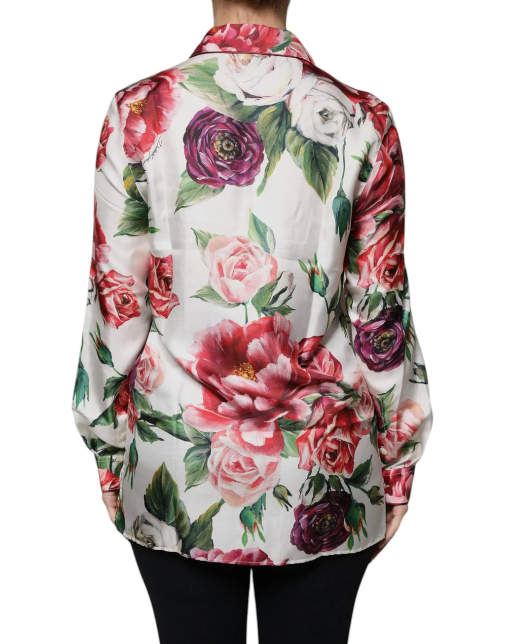 Blouse dolce & gabbana blanche en soie à manches longues avec col et motif floral coloré de roses