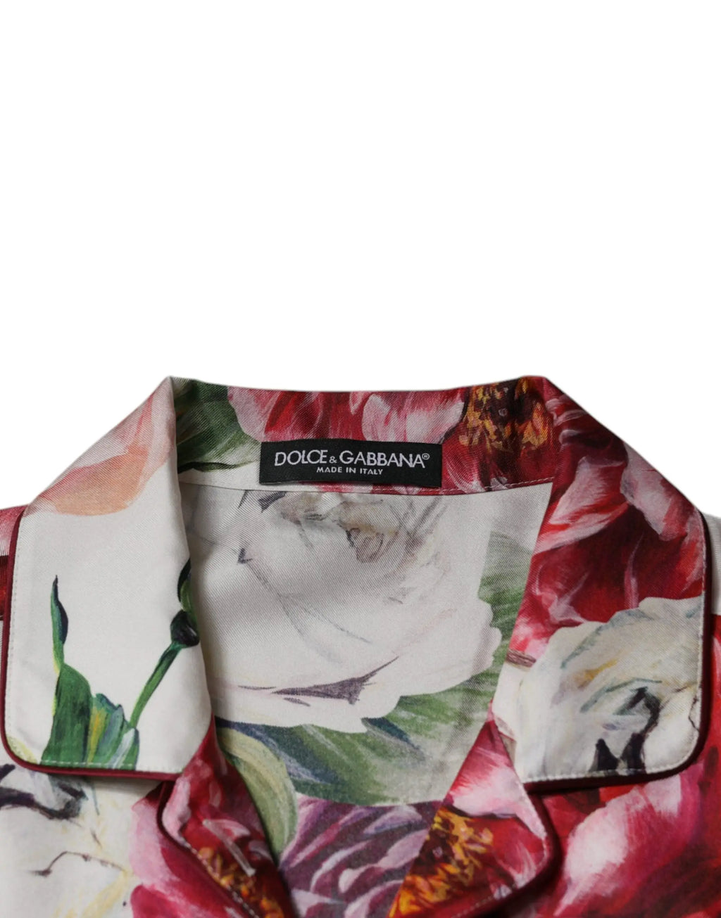 Dolce & Gabbana chemise blanche en soie à manches longues avec motif floral rouge blanc vert sur tissu doux