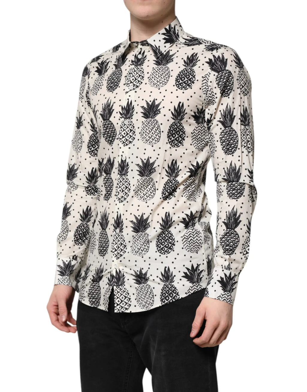 Chemise homme à manches longues dolce & gabbana blanc imprimé ananas noir sur tissu écru
