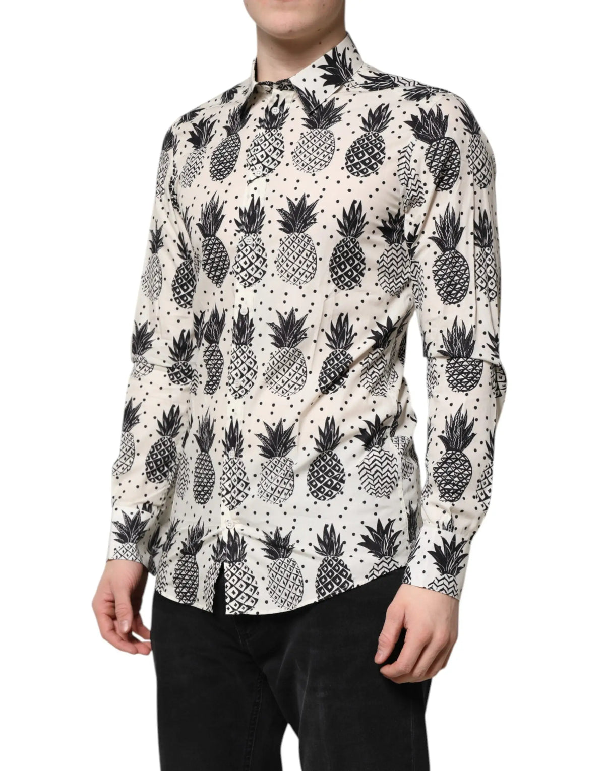 Chemise homme à manches longues dolce & gabbana blanc imprimé ananas noir sur tissu écru