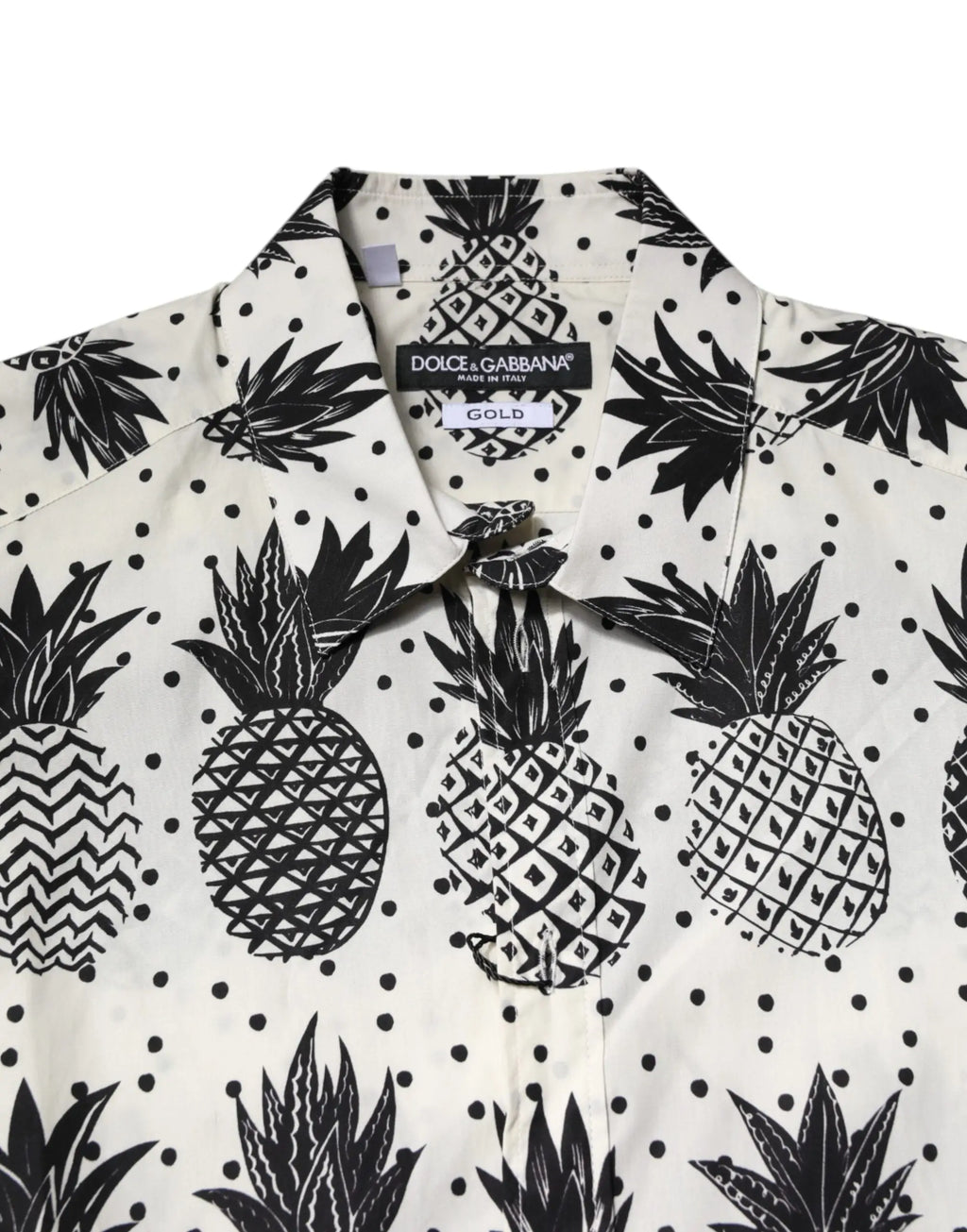 Chemise blanche dolce & gabbana à manches longues avec imprimé ananas noir et pois bold gold