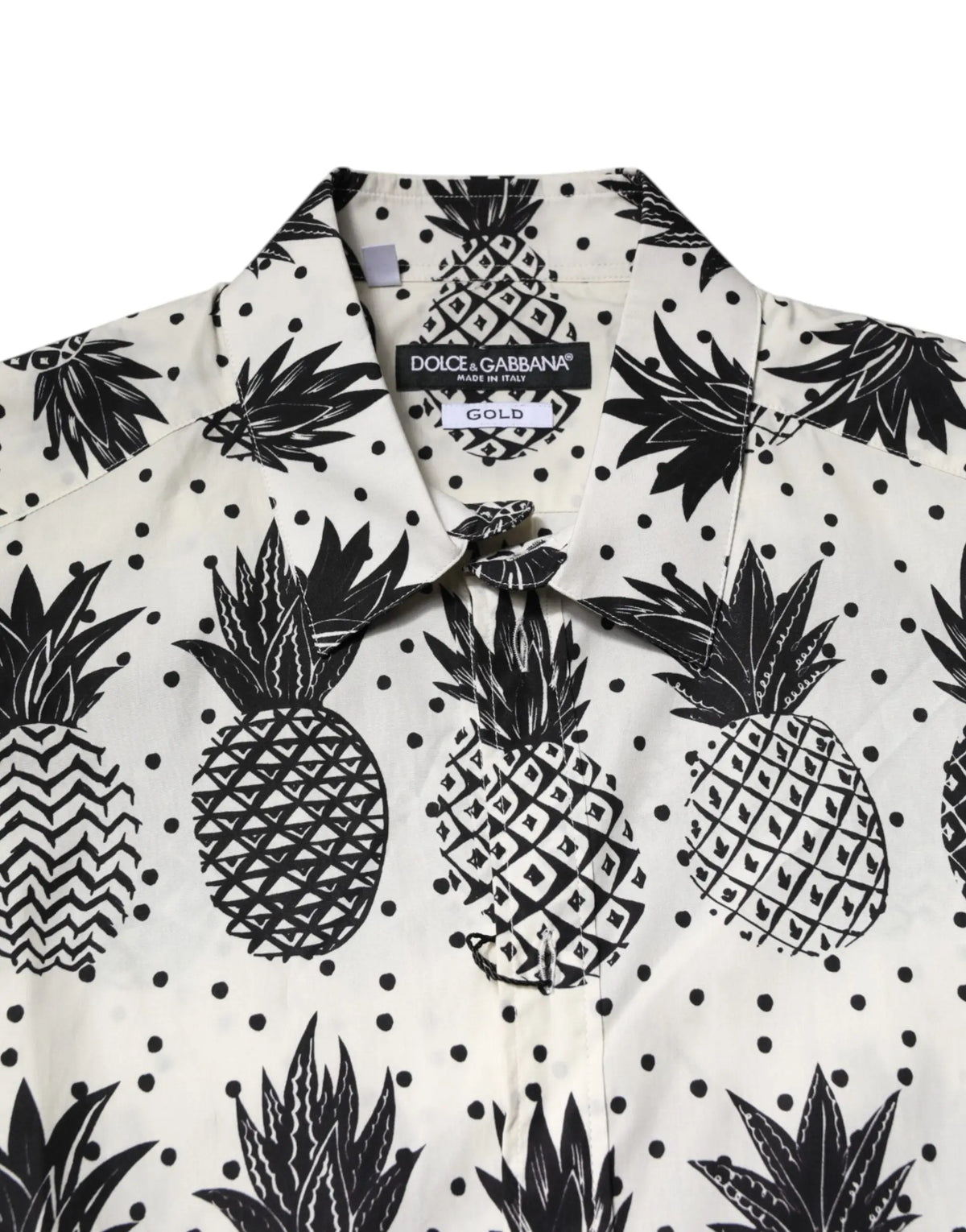 Chemise blanche dolce & gabbana à manches longues avec imprimé ananas noir et pois bold gold
