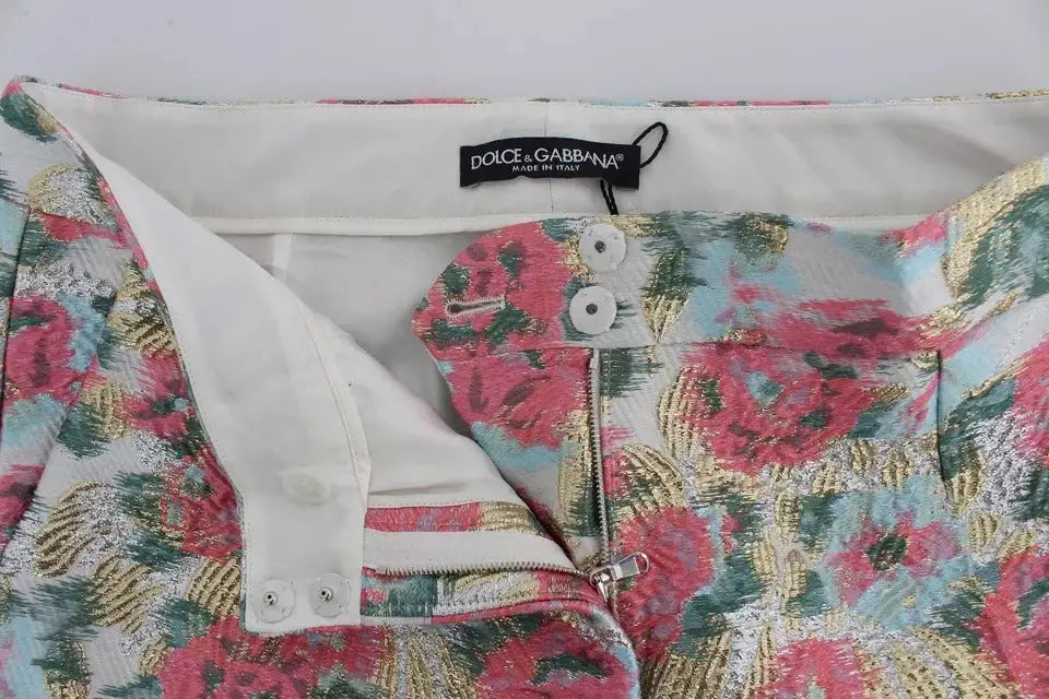 Pantalon brocart blanc dolce & gabbana avec imprimé floral rose, vert sarcelle et or sur tissu texturé