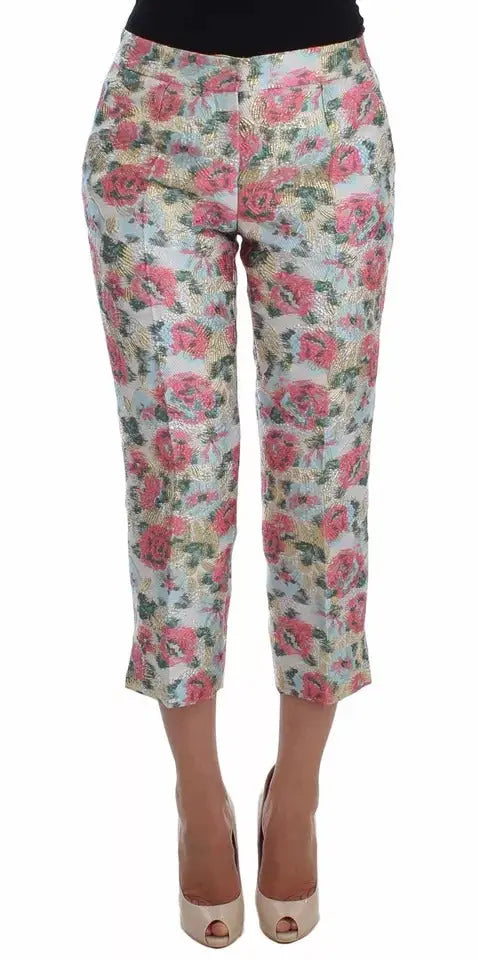 Pantalon capri dolce & gabbana blanc à motif floral rose en brocart avec tissu léger texturé