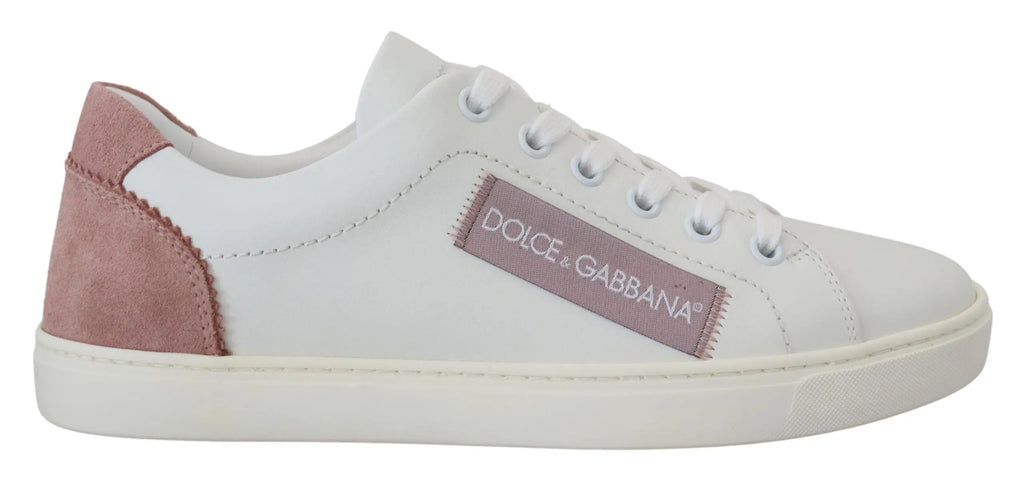 Baskets basses dolce & gabbana en cuir blanc avec accents en daim rose et patch de marque assorti