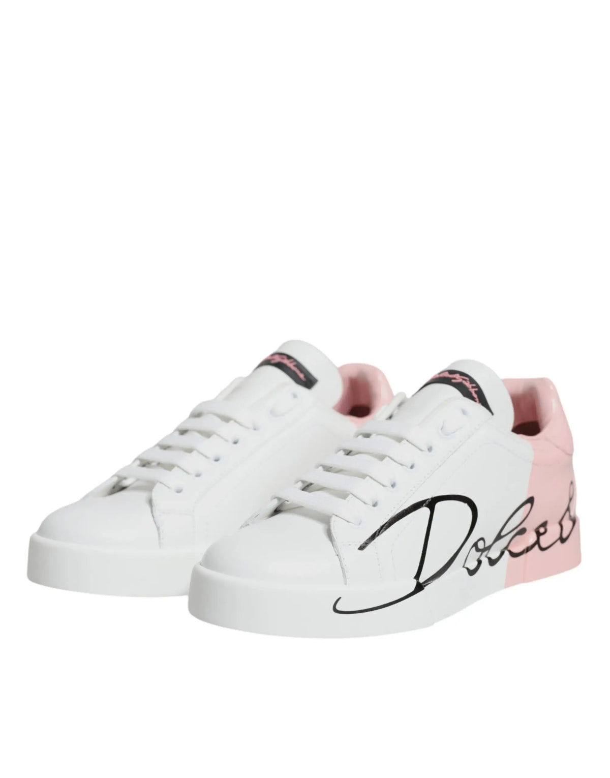 Baskets basses dolce gabbana portofino blanches et roses avec logo noir cursif sur le côté