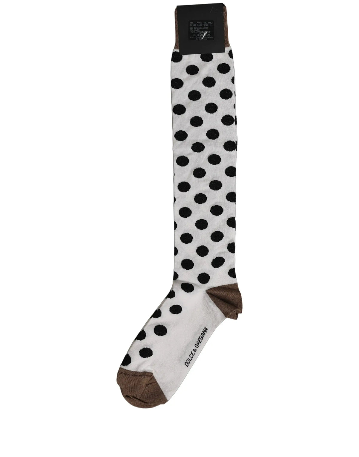 Chaussettes dolce & gabbana blanches à pois noirs hauteur genou avec talon et pointe marron et étiquette marque
