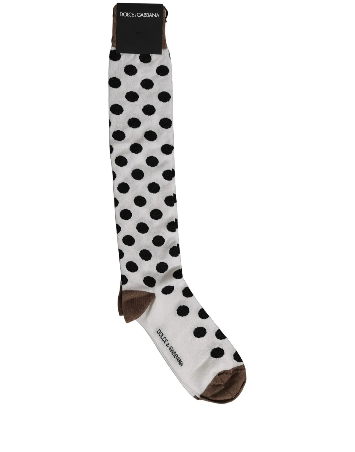 Chaussettes dolce gabbana blanches à pois noirs hauteur genou avec talon et pointe marron et étiquette de marque