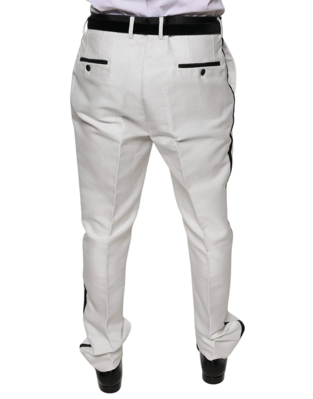 Pantalon de costume blanc en polyester dolce gabbana avec rayures noires latérales et ceinture assortie