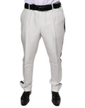 Pantalon de costume blanc en polyester dolce gabbana avec plis, bandes latérales noires et ceinture assortie noire
