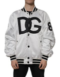Veste bomber blanche en satin dolce gabbana avec logo dg noir audacieux et chiffre 8 sur la manche en polyester