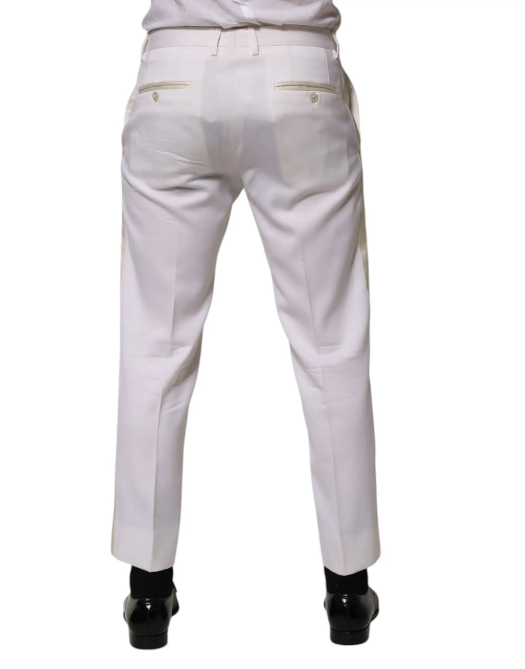 Pantalon formel ajusté blanc dolce & gabbana en polyester avec rayure dorée subtile et boutons dorés au dos