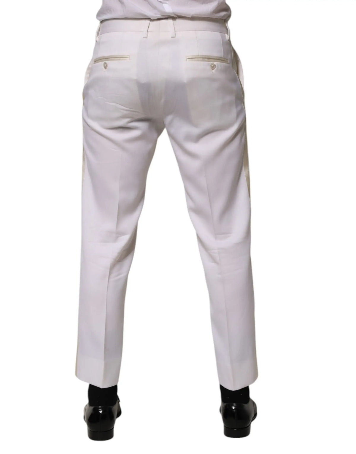 Pantalon formel ajusté blanc dolce & gabbana en polyester avec rayure dorée subtile et boutons dorés au dos