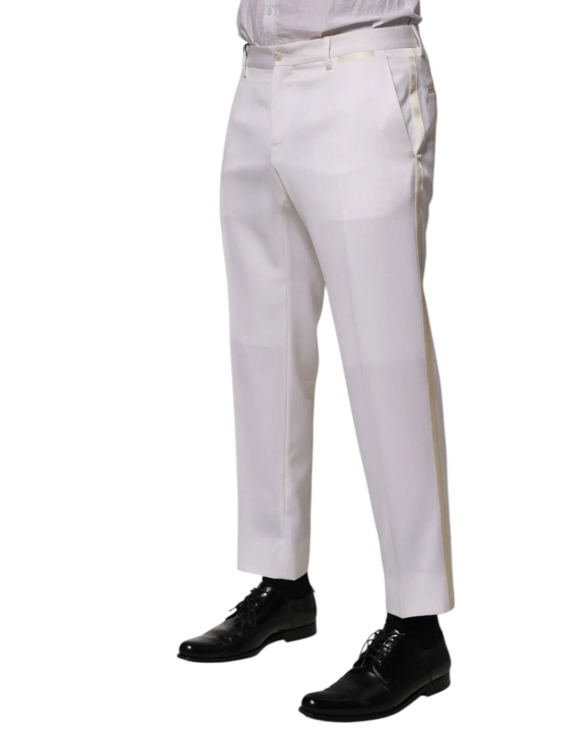 Pantalon formel blanc dolce et gabbana en polyester avec une bande dorée subtile sur la couture extérieure