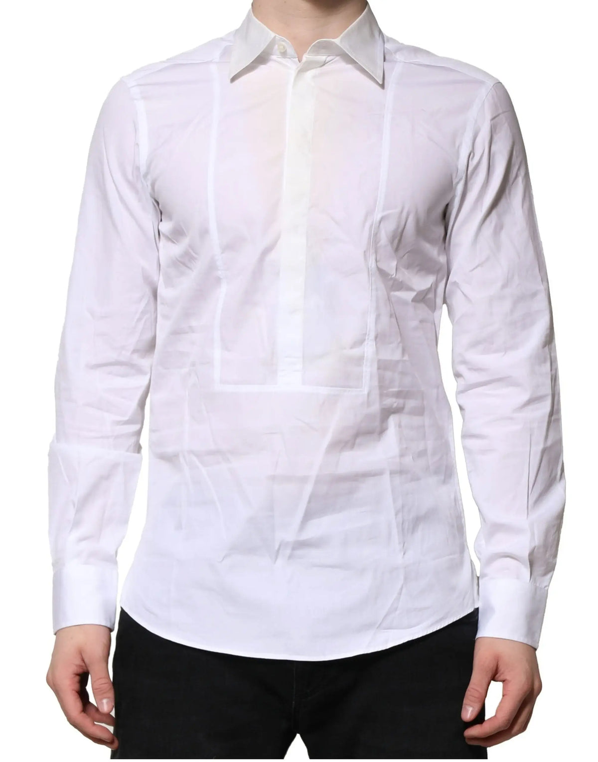 Chemise homme formelle dolce & gabbana en coton popeline blanc avec col classique et plis subtils sur le devant