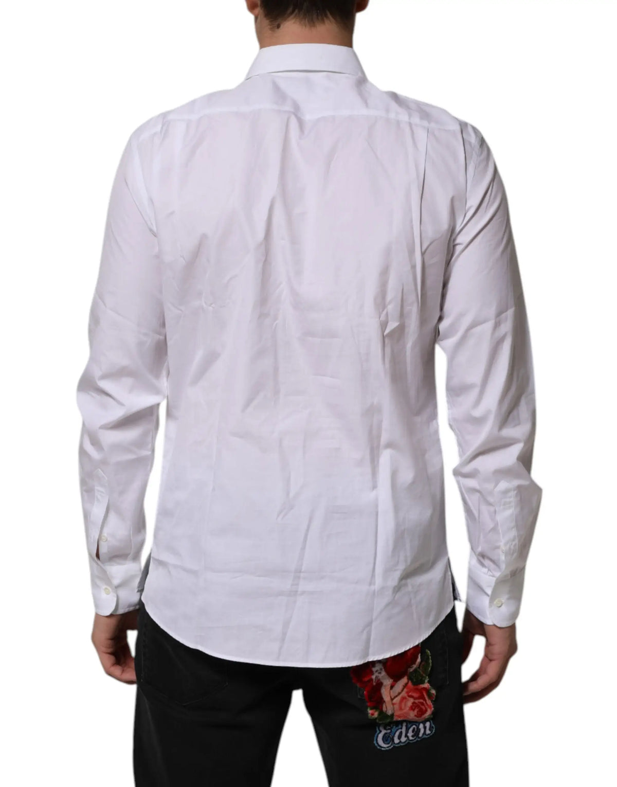 Chemise homme blanche dolce & gabbana en coton popeline à manches longues avec tissage texturé et rose brodée au dos