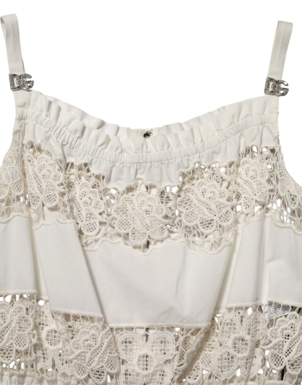 Débardeur dolce gabbana en popeline blanche avec broderie ajourée florale et logo dg argenté sur bretelles