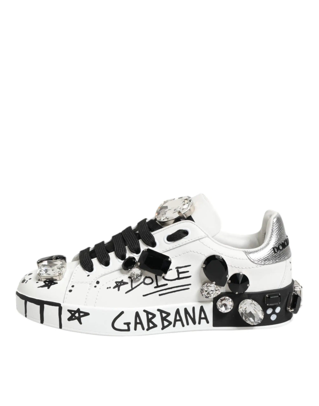 Baskets blanches dolce & gabbana portofino crystal avec lacets noirs accents métalliques argentés et strass étincelants
