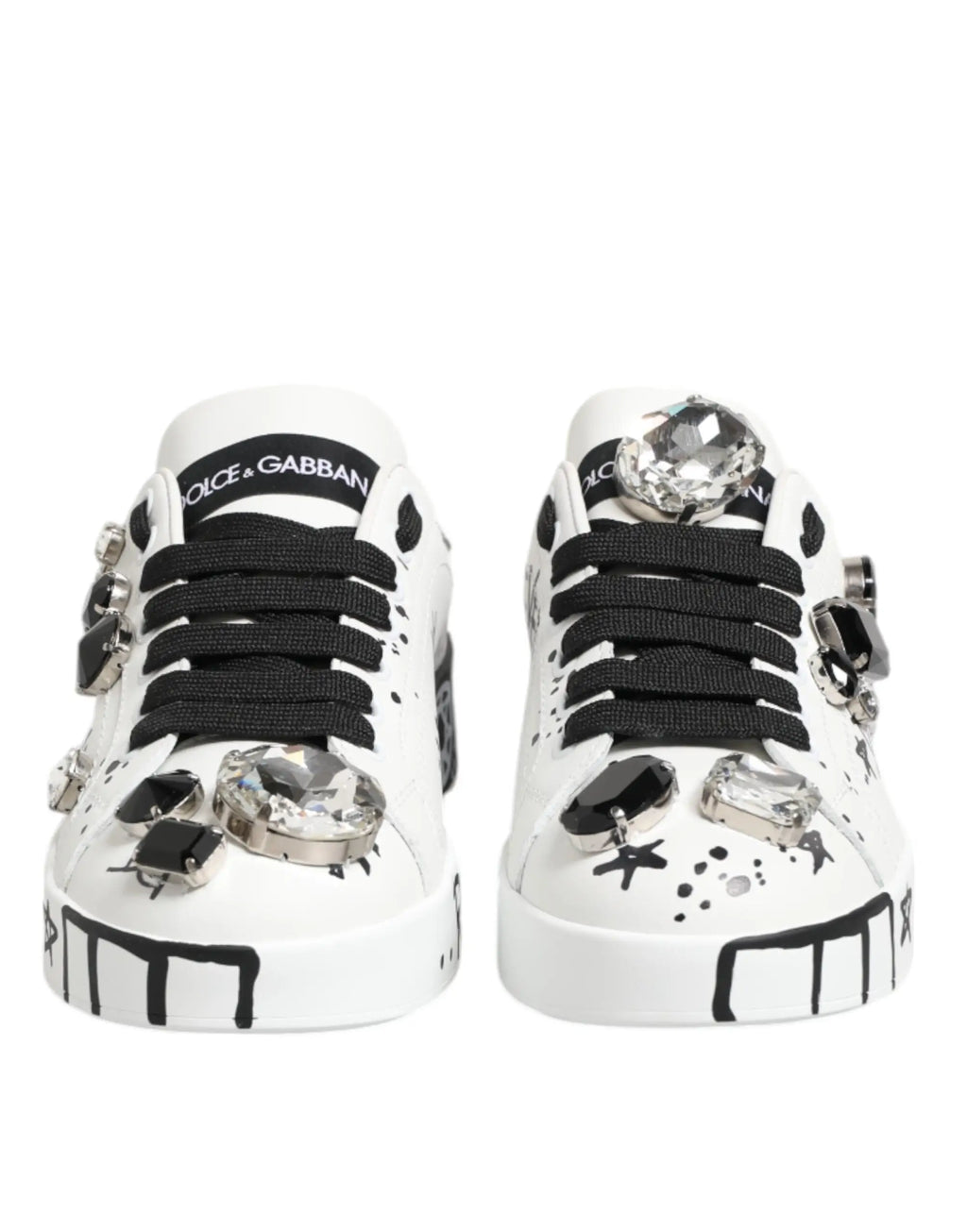 Baskets dolce gabbana portofino blanches avec lacets noirs, cristaux scintillants et graphismes noirs audacieux