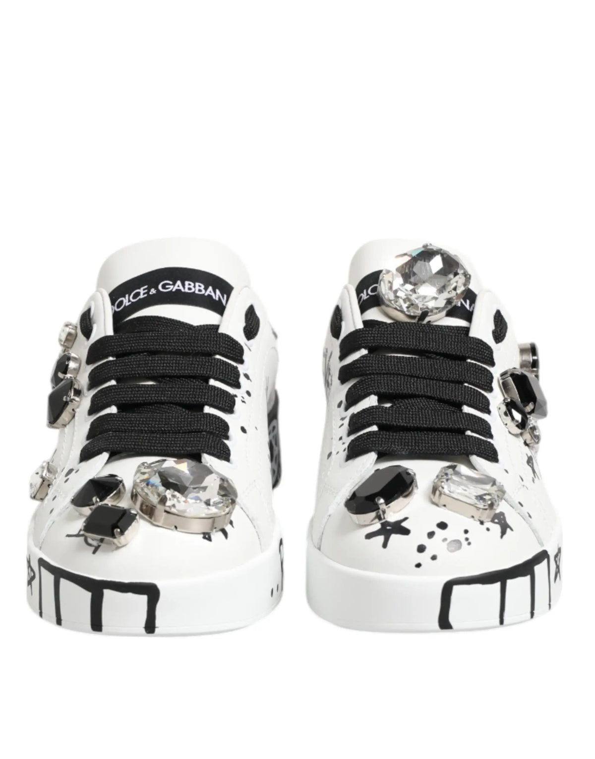 Baskets dolce gabbana portofino blanches avec lacets noirs, cristaux scintillants et graphismes noirs audacieux
