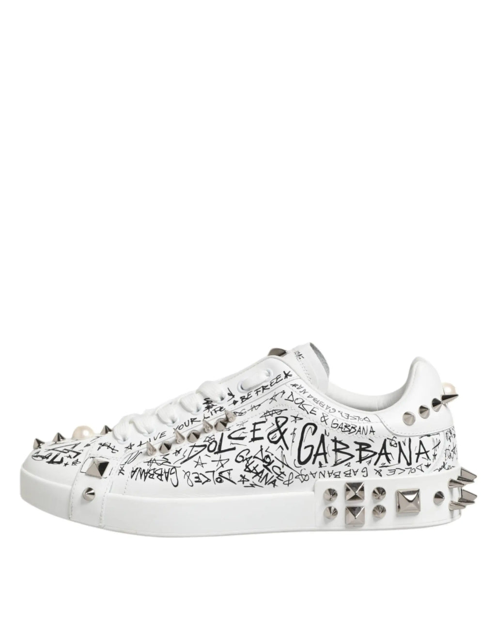 Baskets dolce & gabbana blanches portofino pour homme avec lettrage graffiti noir et clous argentés