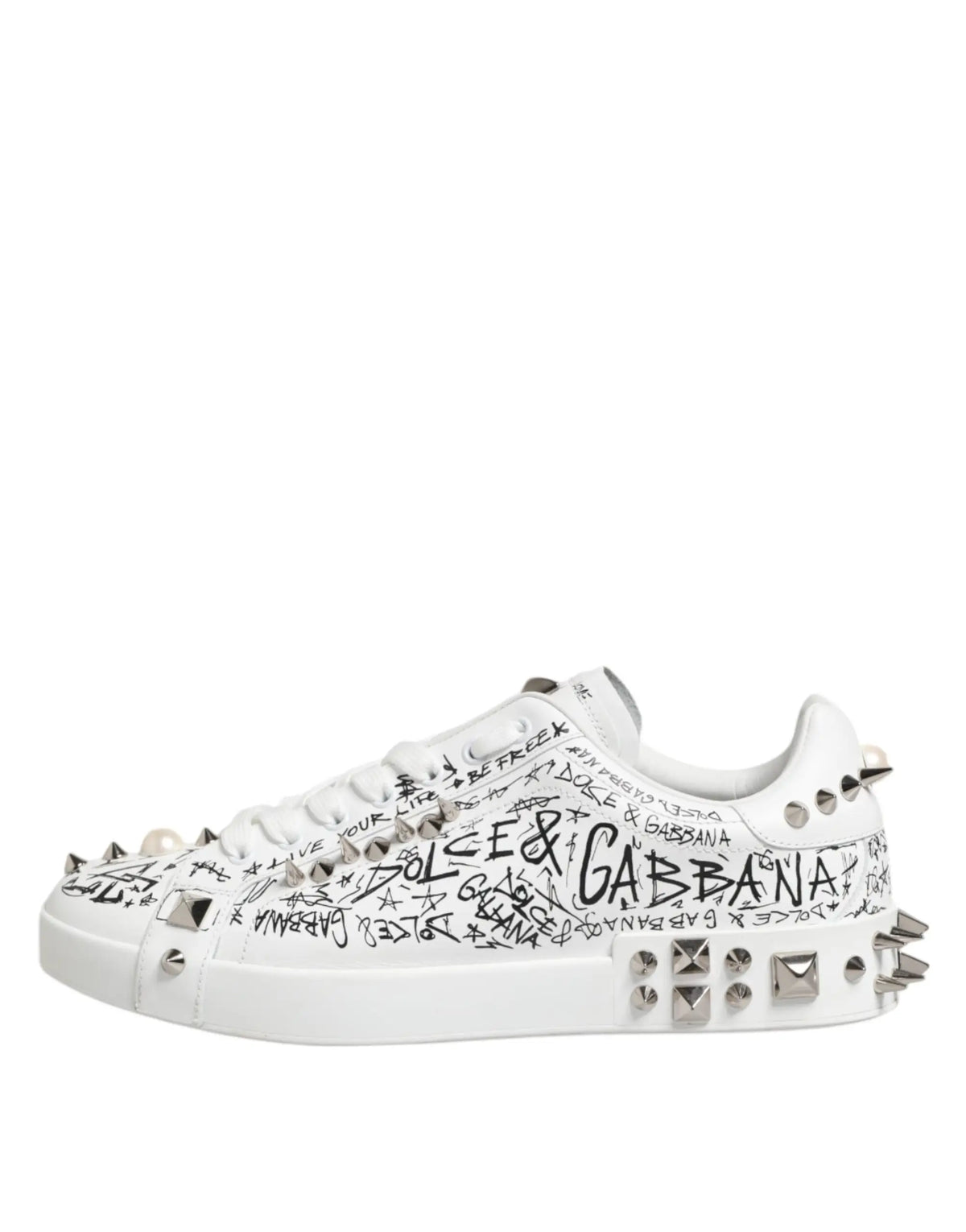 Baskets dolce & gabbana blanches portofino pour homme avec lettrage graffiti noir et clous argentés