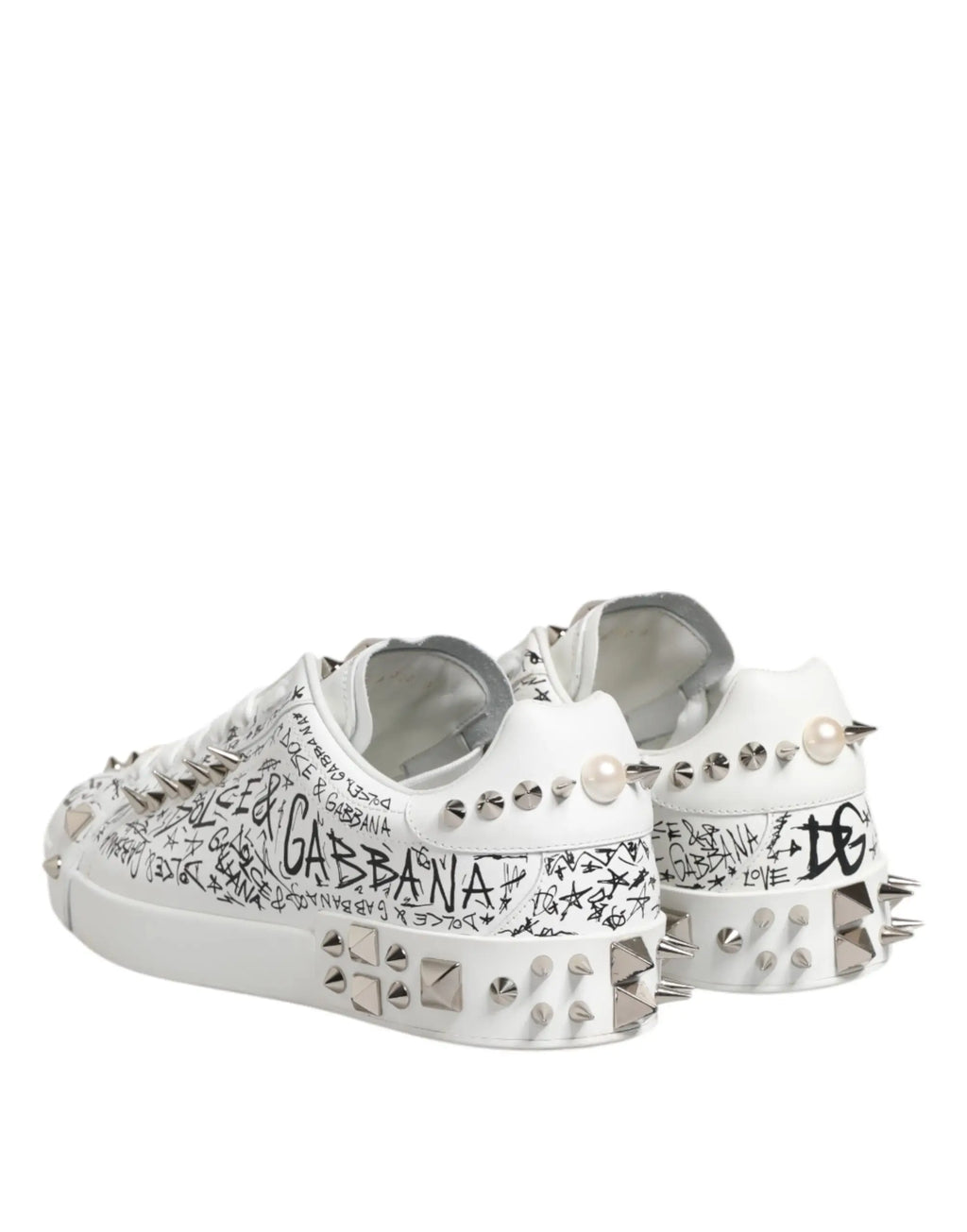 Baskets portofino blanches dolce & gabbana pour homme avec lettrage graffiti noir, clous argentés et perles