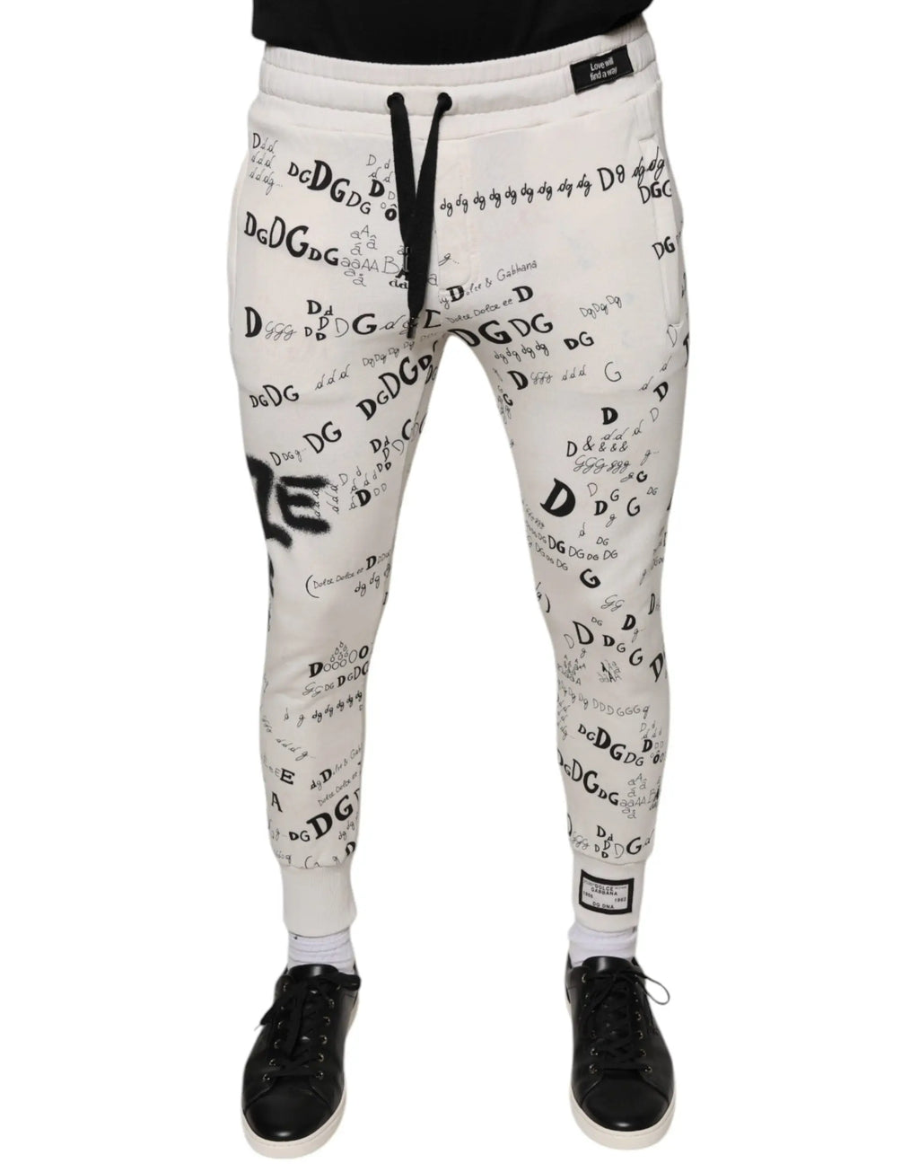 Dolce & Gabbana white cotton jogger sweatpants with bold black graphic print and contrasting black drawstrings