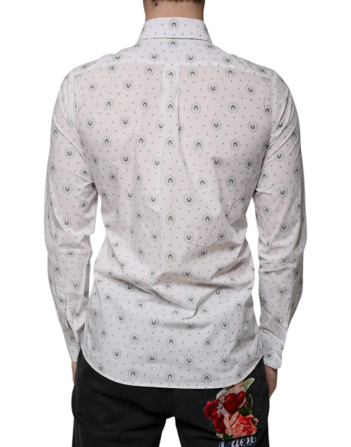 Chemise homme slim fit en coton blanc dolce gabbana avec imprimé floral noir subtil manches longues boutonnée