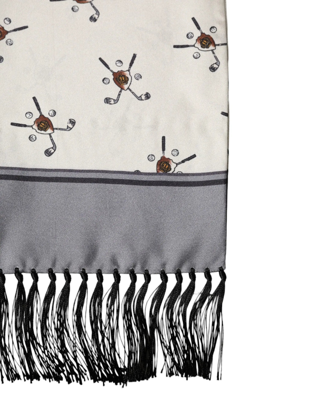 Écharpe foulard dolce & gabbana blanche en soie avec motif golf crème accents noirs et marron bord gris franges noires